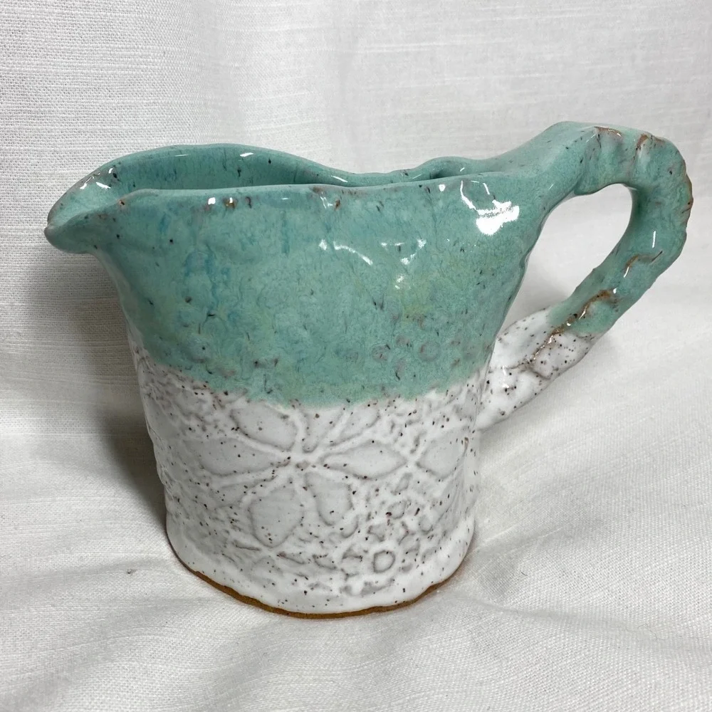 Signed Handmade Studio‎ Pottery Pitcher Aqua White Speckled Glaze Floral Texture